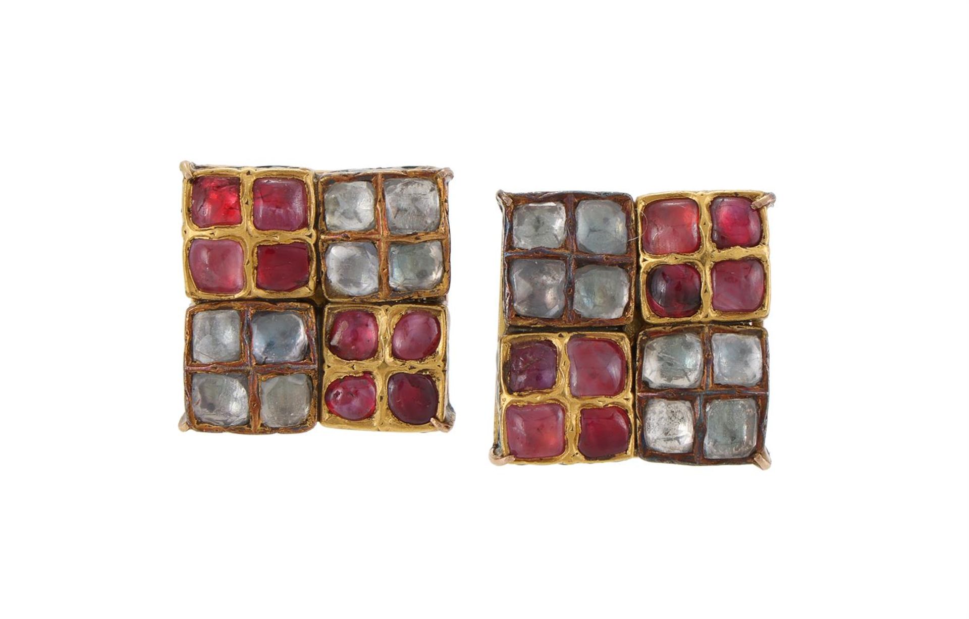 A PAIR OF INDIAN WHITE STONE AND RED STONE SQUARE PANEL EARRINGS - Image 2 of 3