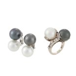 A SOUTH SEA CULTURED AND TAHITIAN CULTURED PEARL AND DIAMOND CROSSOVER RING AND A PAIR OF EAR CLIPS