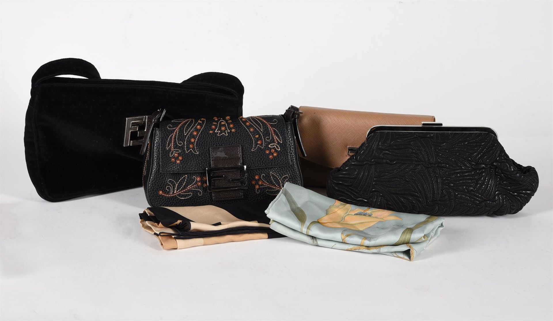 A COLLECTION OF HANDBAGS AND TWO SILK SCARVES