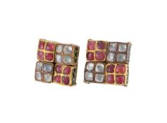 A PAIR OF INDIAN WHITE STONE AND RED STONE SQUARE PANEL EARRINGS