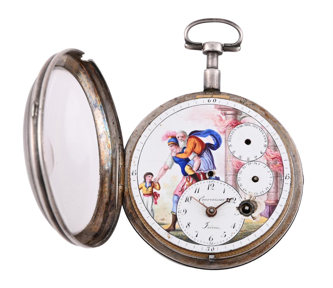 A SWISS SILVER VERGE CENTRE-SECONDS POCKET WATCH WITH FIGURAL ENAMEL DIAL AND ECCENTRIC CALENDAR - Image 2 of 3