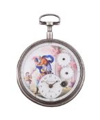 A SWISS SILVER VERGE CENTRE-SECONDS POCKET WATCH WITH FIGURAL ENAMEL DIAL AND ECCENTRIC CALENDAR
