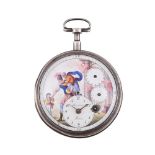 A SWISS SILVER VERGE CENTRE-SECONDS POCKET WATCH WITH FIGURAL ENAMEL DIAL AND ECCENTRIC CALENDAR