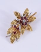 CROPP & FARR, A RUBY, DIAMOND AND 18 CARAT GOLD FLORAL SPRAY BROOCH, LONDON 1968