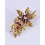 CROPP & FARR, A RUBY, DIAMOND AND 18 CARAT GOLD FLORAL SPRAY BROOCH, LONDON 1968