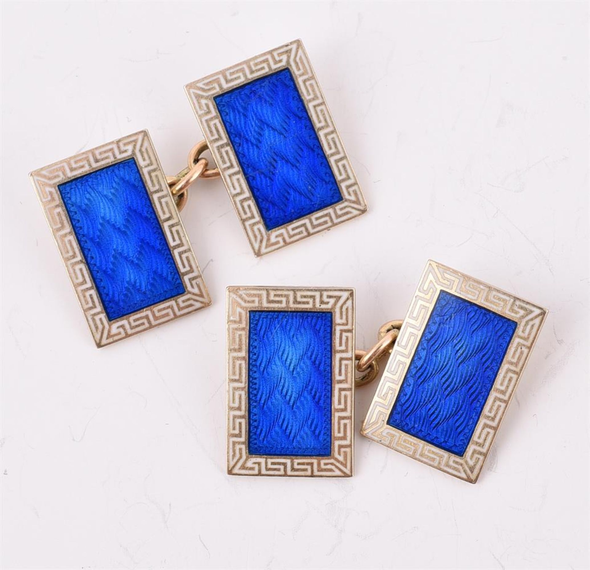 CROPP & FARR, A PAIR OF 9 CARAT GOLD, BLUE AND WHITE ENAMEL CUFFLINKS, LONDON 1950