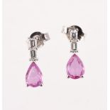 A PAIR OF PINK SAPPHIRE AND DIAMOND DROP EARRINGS