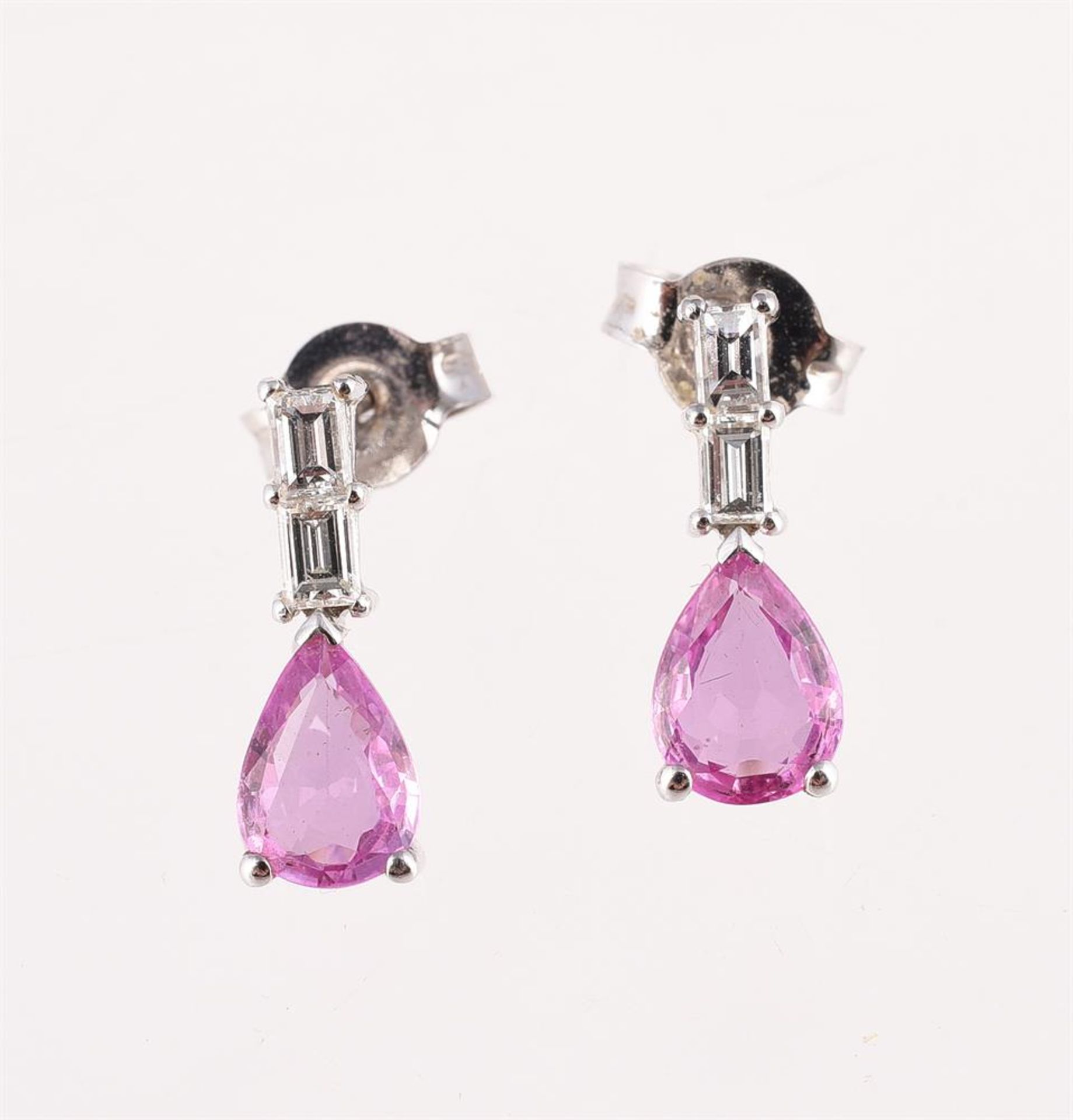 A PAIR OF PINK SAPPHIRE AND DIAMOND DROP EARRINGS