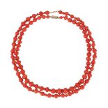 Y TWO CORAL BEAD NECKLACES