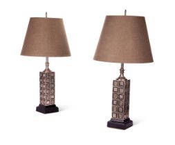 A PAIR OF PATINATED AND BRUSHED METAL TABLE LAMPS BY THE REMBRANDT LIGHT COMPANY, CIRCA 1960