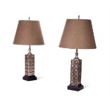 A PAIR OF PATINATED AND BRUSHED METAL TABLE LAMPS BY THE REMBRANDT LIGHT COMPANY, CIRCA 1960