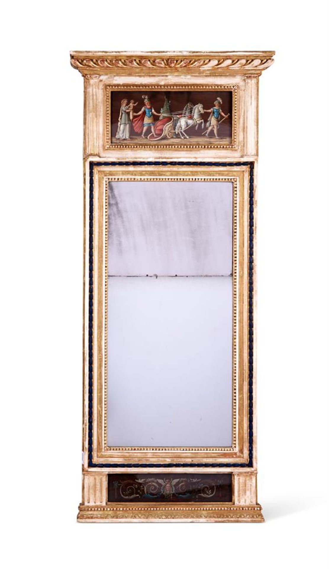 A SWEDISH EMPIRE CREAM PAINTED AND PARCEL GILT MIRROR, CIRCA 1800