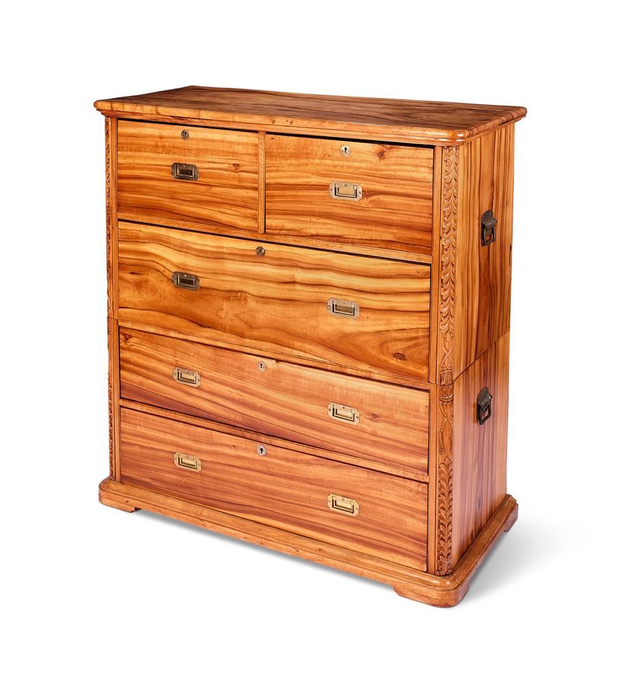 A VICTORIAN CAMPHOR WOOD CAMPAIGN CHEST OF DRAWERS, LATE 19TH CENTURY