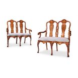 A PAIR OF DUTCH WALNUT AND MARQUETRY CHAIR BACK SETTEES, MID 19TH CENTURY