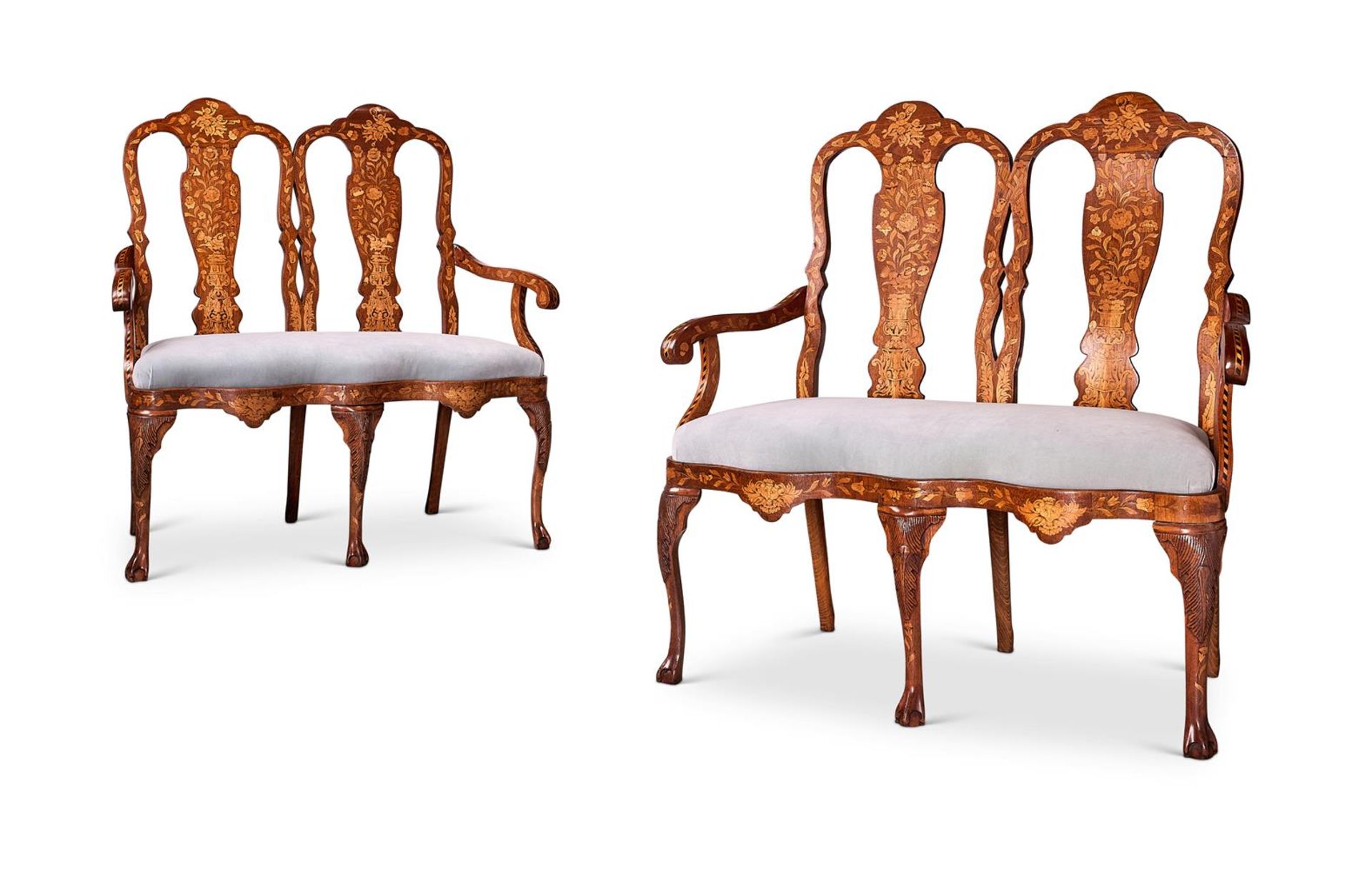 A PAIR OF DUTCH WALNUT AND MARQUETRY CHAIR BACK SETTEES, MID 19TH CENTURY