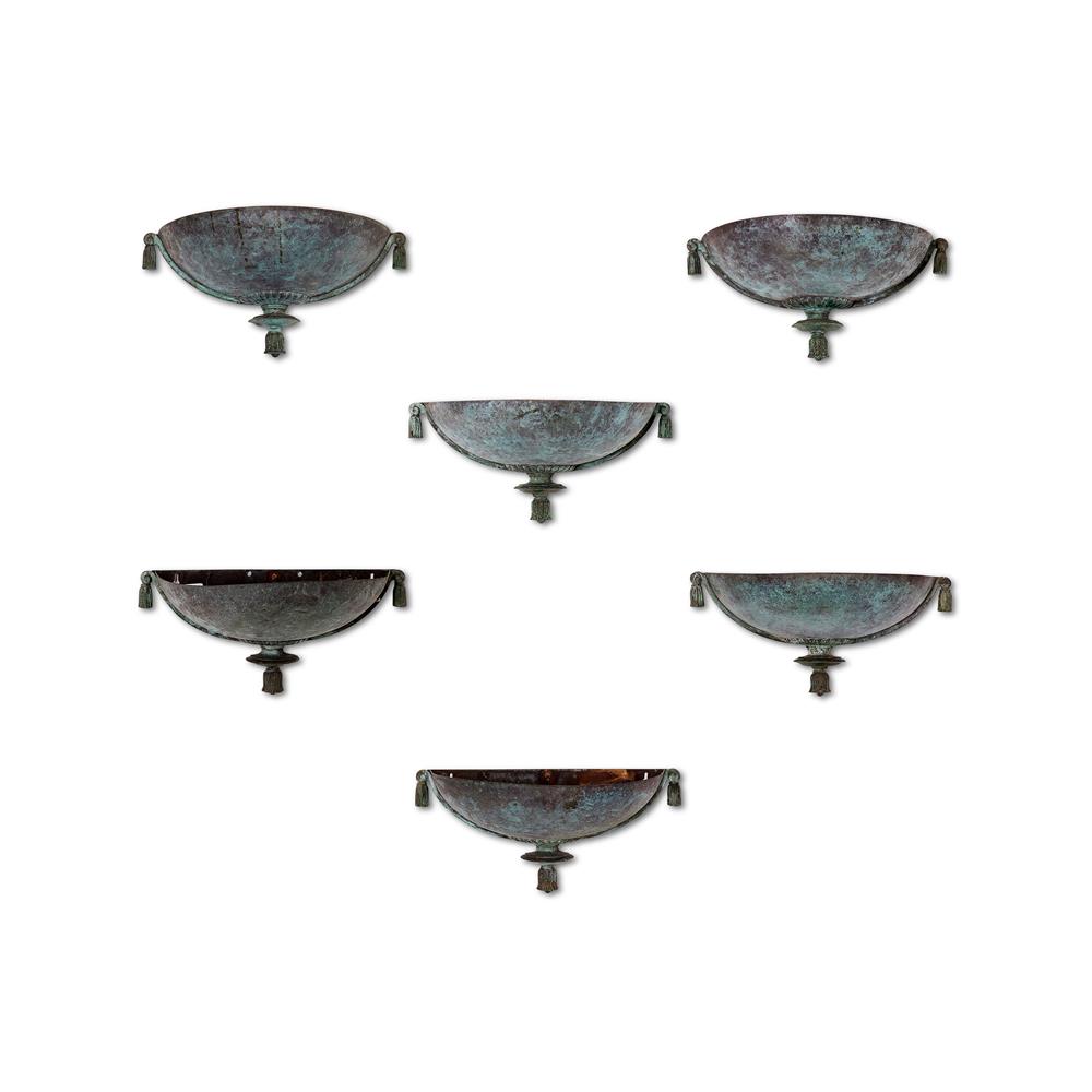 A SET OF SIX FRENCH VERDIGRIS PATINATED METAL WALL BRACKETS, EARLY 20TH CENTURY