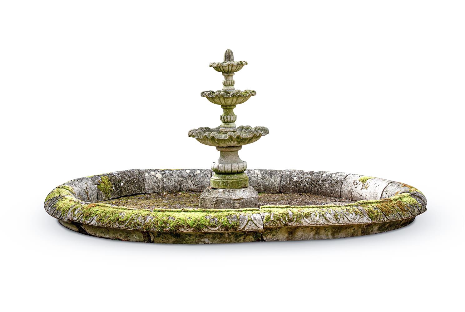 A STONE COMPOSITION POND SURROUND AND TRIPLE TIERED FOUNTAIN, ATTRIBUTED TO AUSTIN AND SEELEY - Image 2 of 2