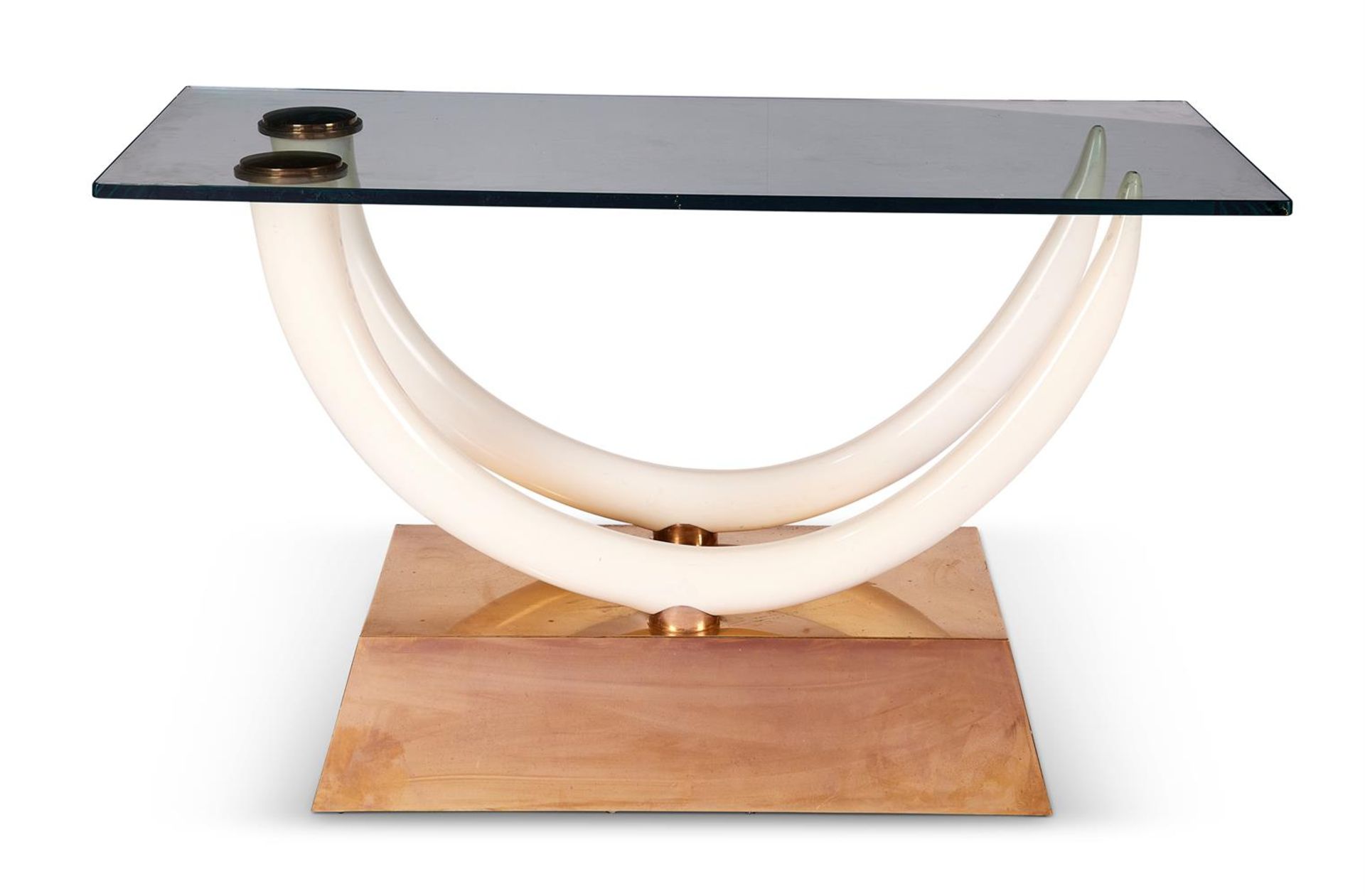 A FAUX TUSK AND POLISHED BRASS CONSOLE TABLE, CIRCA 1970