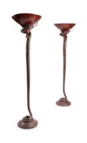 A LARGE PAIR OF BRONZE SNAKE FLOOR LAMPS IN THE MANNER OF EDGAR BRANDT, 1970s