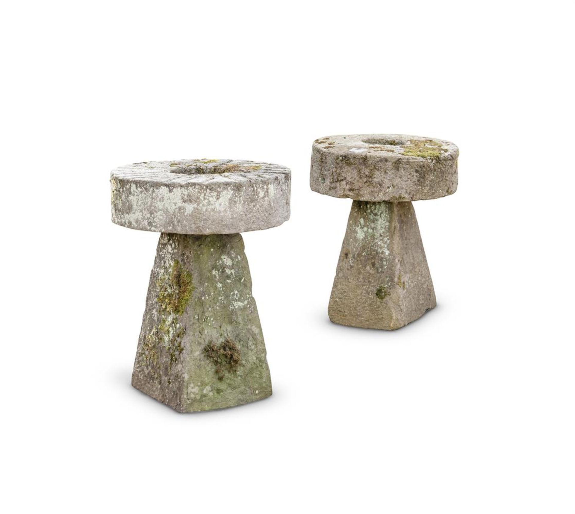 A PAIR OF HEAVY MILL WHEEL TOPPED STADDLE STONE TABLES, LATE 18TH/EARLY 19TH CENTURY - Image 3 of 3