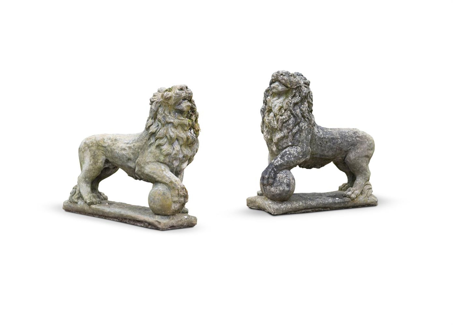 AFTER THE ANTIQUE A PAIR OF COMPOSITION STONE MEDICI LIONS, MODERN