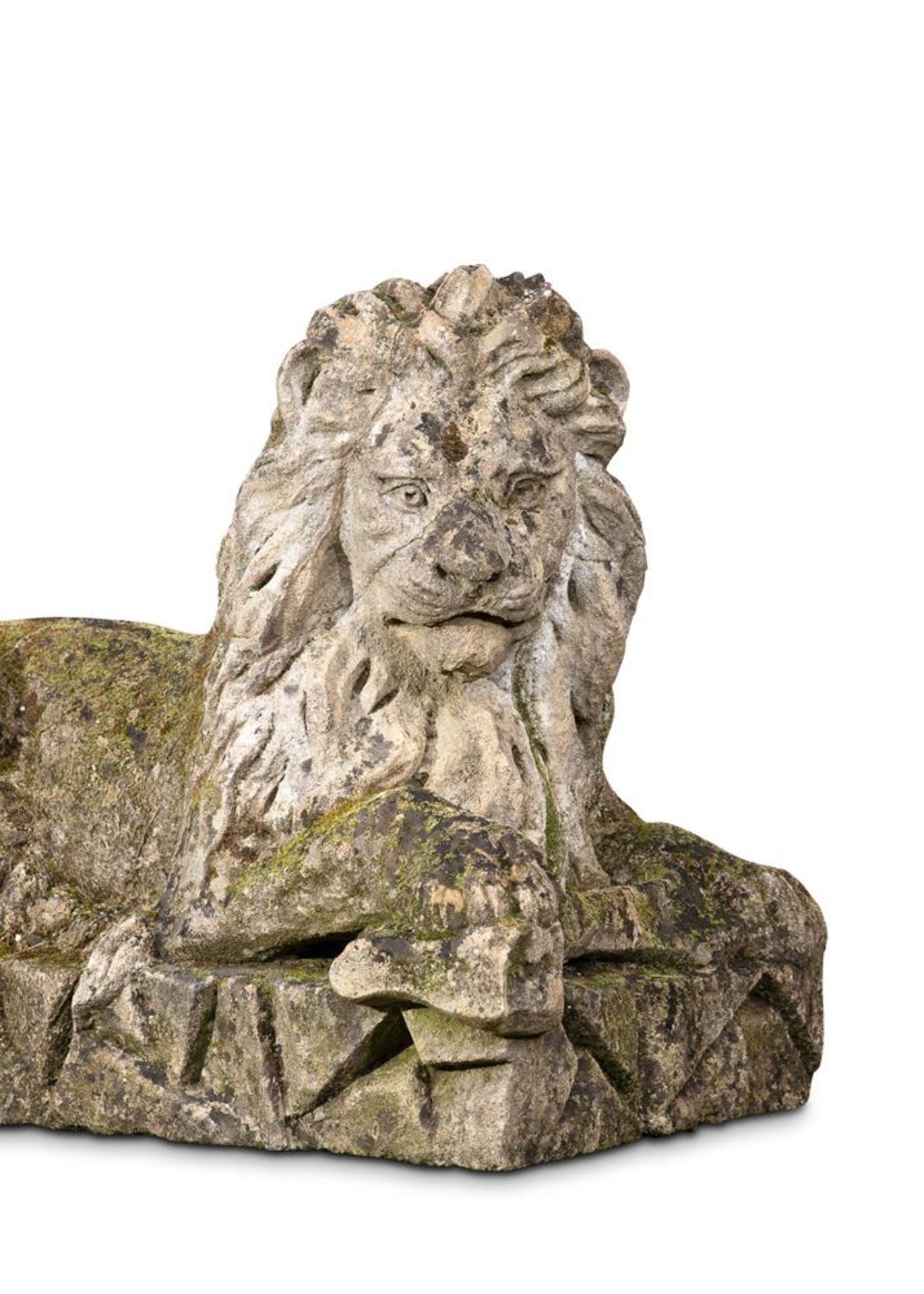 A LARGE AND IMPRESSIVE PAIR OF CARVED BATH STONE RECUMBENT LIONS, EARLY 19TH CENTURY - Image 4 of 5