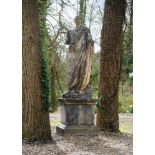 A LIFESIZE COMPOSITION STONE FIGURE OF A ROMAN SENATOR ON PLINTH, LATE 20TH CENTURY