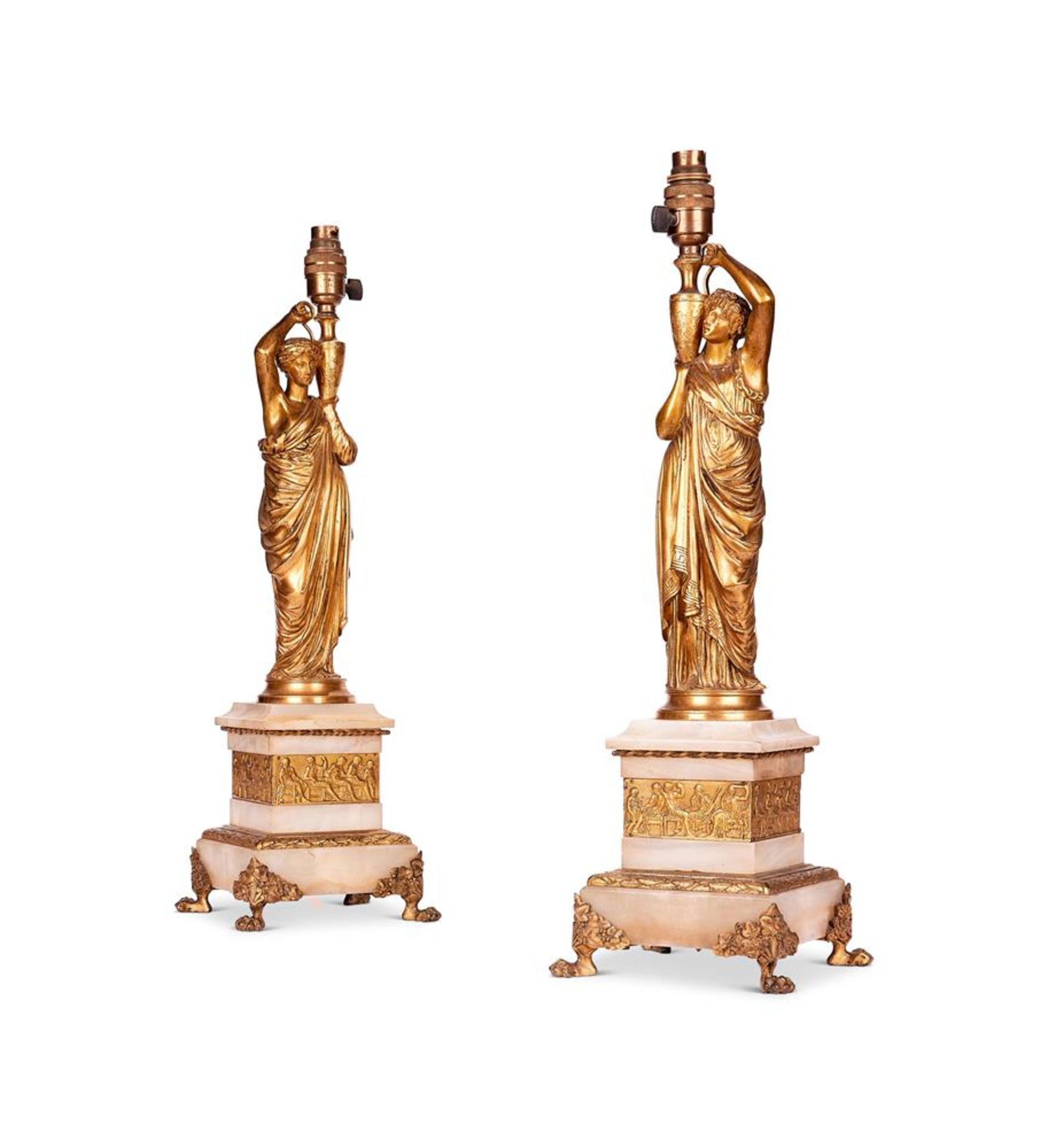 A PAIR OF ORMOLU AND ALABASTER FIGURAL TABLE LAMPS, LATE 19TH CENTURY