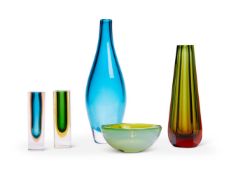 A GROUP OF FIVE MURANO GLASS VASES AND BOWLS, 20TH CENTURY