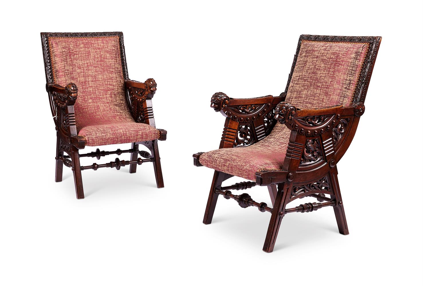 A PAIR OF AESTHETIC PERIOD CARVED WALNUT AND UPHOLSTERED ARMCHAIRS, LATE 19TH CENTURY
