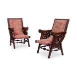 A PAIR OF AESTHETIC PERIOD CARVED WALNUT AND UPHOLSTERED ARMCHAIRS, LATE 19TH CENTURY