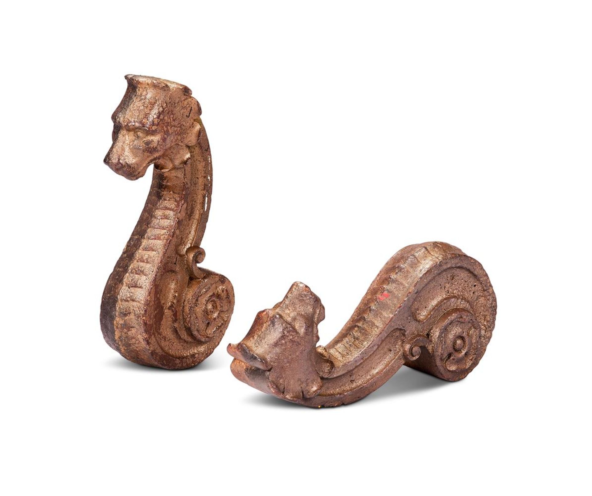 A PAIR OF CAST IRON SERPENTINE LION DOOR STOPS, 19TH CENTURY