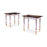 A PAIR OF POLISHED ALUMINIUM AND BRASS MOUNTED CONSOLE OR SIDE TABLES IN THE MANNER OF MAISON JANSEN
