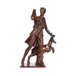 AFTER THE ANTIQUE, A LARGE BRONZE FIGURAL GROUP OF DIANA OF VERSAILLES CAST BY FERDINAND BARBEDIENNE