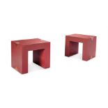 A PAIR OF CRIMSON 'CRACKLE' LACQUERED AND BRASS SIDE OR OCCASIONAL TABLES, BY KEN BOLAN