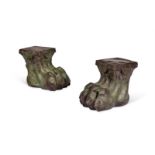 A PAIR OF VERDIGRIS PATINATED BRONZE LION PAW STANDS, MODERN