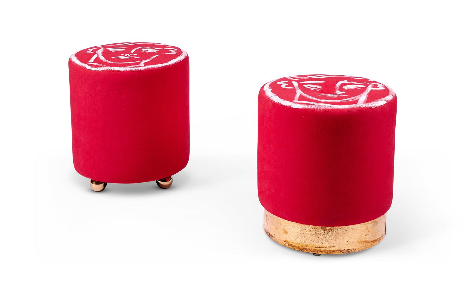 A PAIR OF UPHOLSTERED AND HAND PAINTED STOOLS BY LUKE EDWARD HALL, 2017