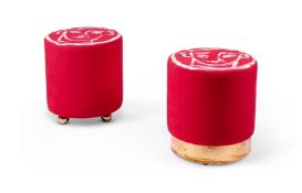 A PAIR OF UPHOLSTERED AND HAND PAINTED STOOLS BY LUKE EDWARD HALL, 2017