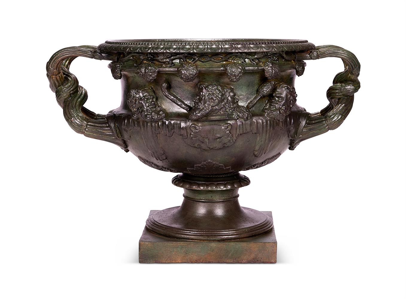 AFTER THE ANTIQUE, AN IMPRESSIVE PATINATED CAST IRON WARWICK VASE, MID 19TH CENTURY