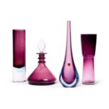 A SELECTION OF FOUR CLEAR AND AMETHYST CASED GLASS ITEMS, 20TH CENTURY