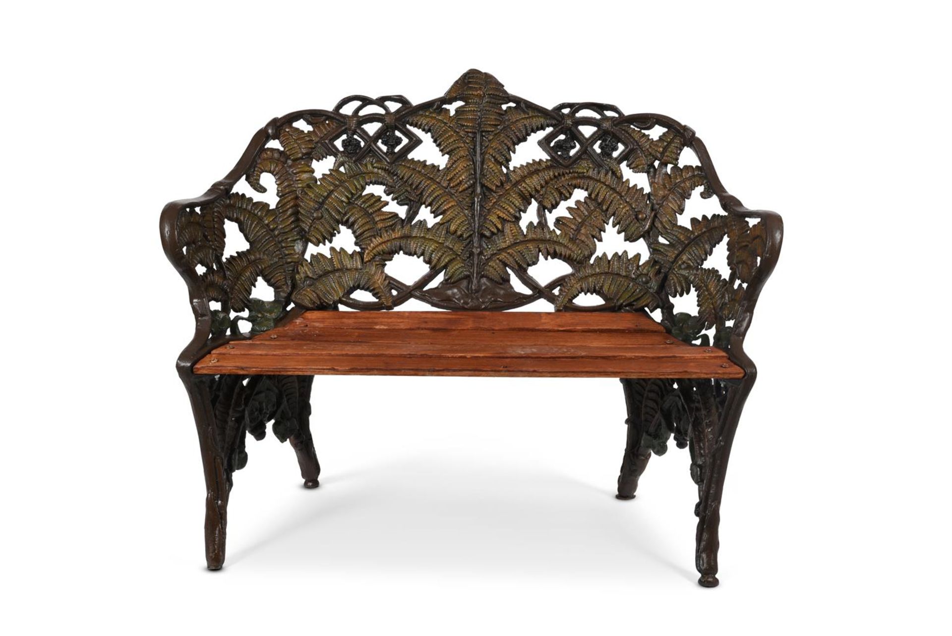 A SMALL CAST IRON GARDEN BENCH IN THE FERN AND BLACKBERRY PATTERN, LATE 19TH CENTURY