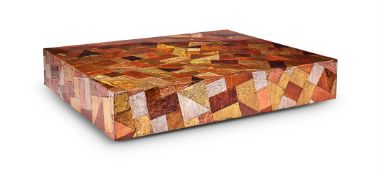 A LARGE LACQUERED COPPER AND BRASS PATCHWORK COFFEE TABLE, CIRCA 1960