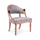 A SWEDISH EMPIRE CARVED, CREAM PAINTED AND DAMASK UPHOLSTERED ARMCHAIR, EARLY 19TH CENTURY