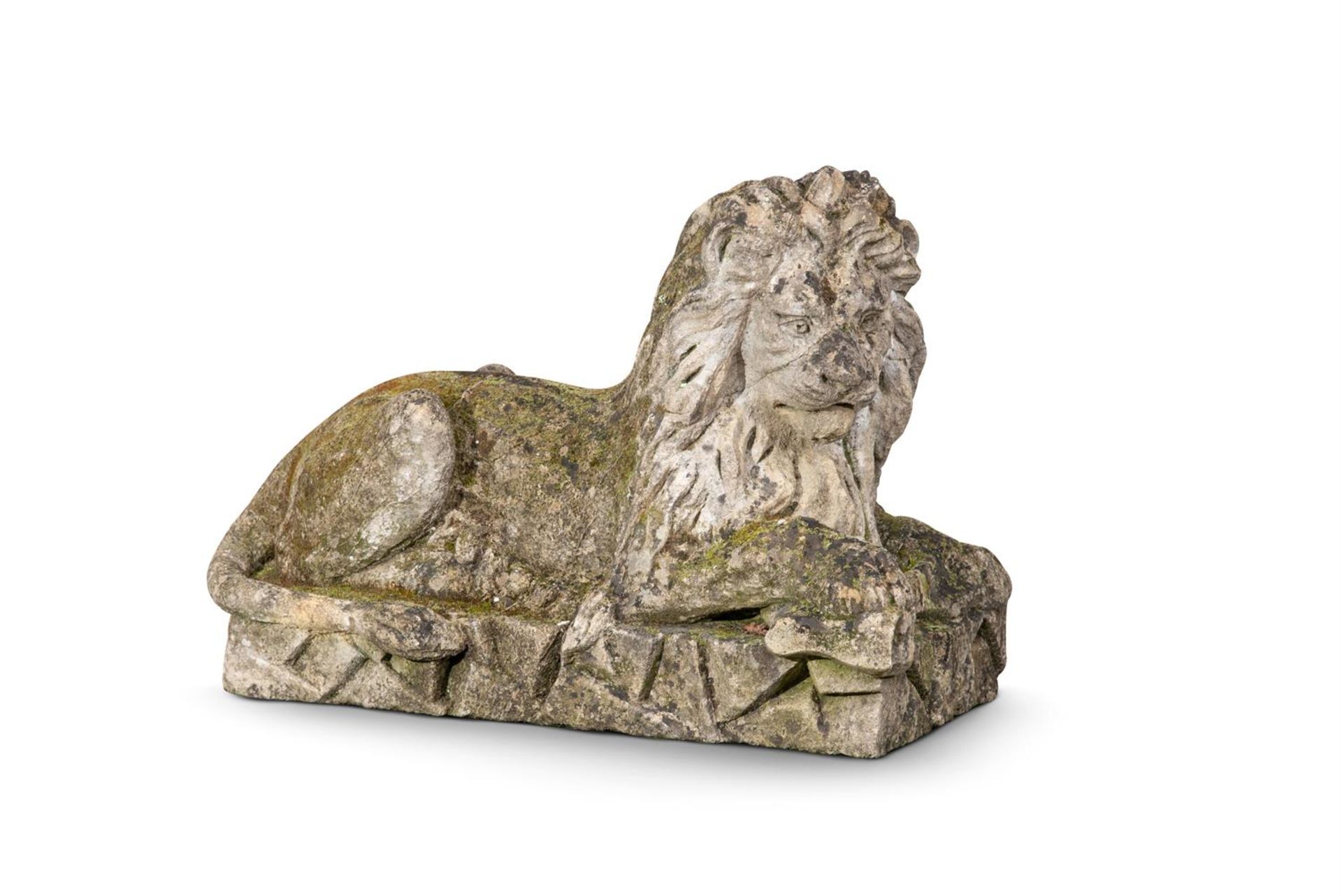 A LARGE AND IMPRESSIVE PAIR OF CARVED BATH STONE RECUMBENT LIONS, EARLY 19TH CENTURY - Image 2 of 5