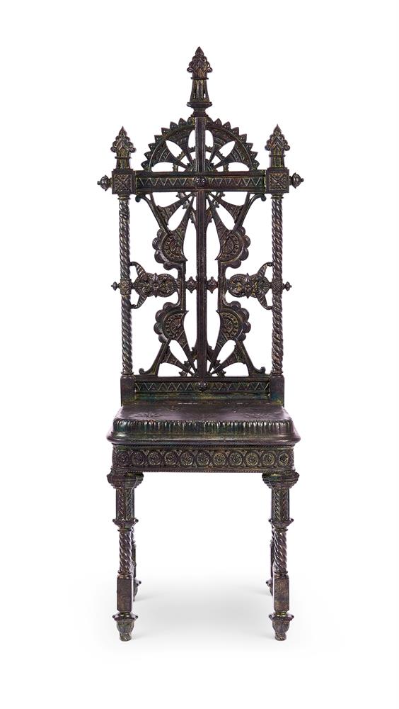 ATTRIBUTED TO CHRISTOPHER DRESSER FOR COALBROOKDALE, A PATINATED CAST IRON HALL CHAIR, LATE 19TH C