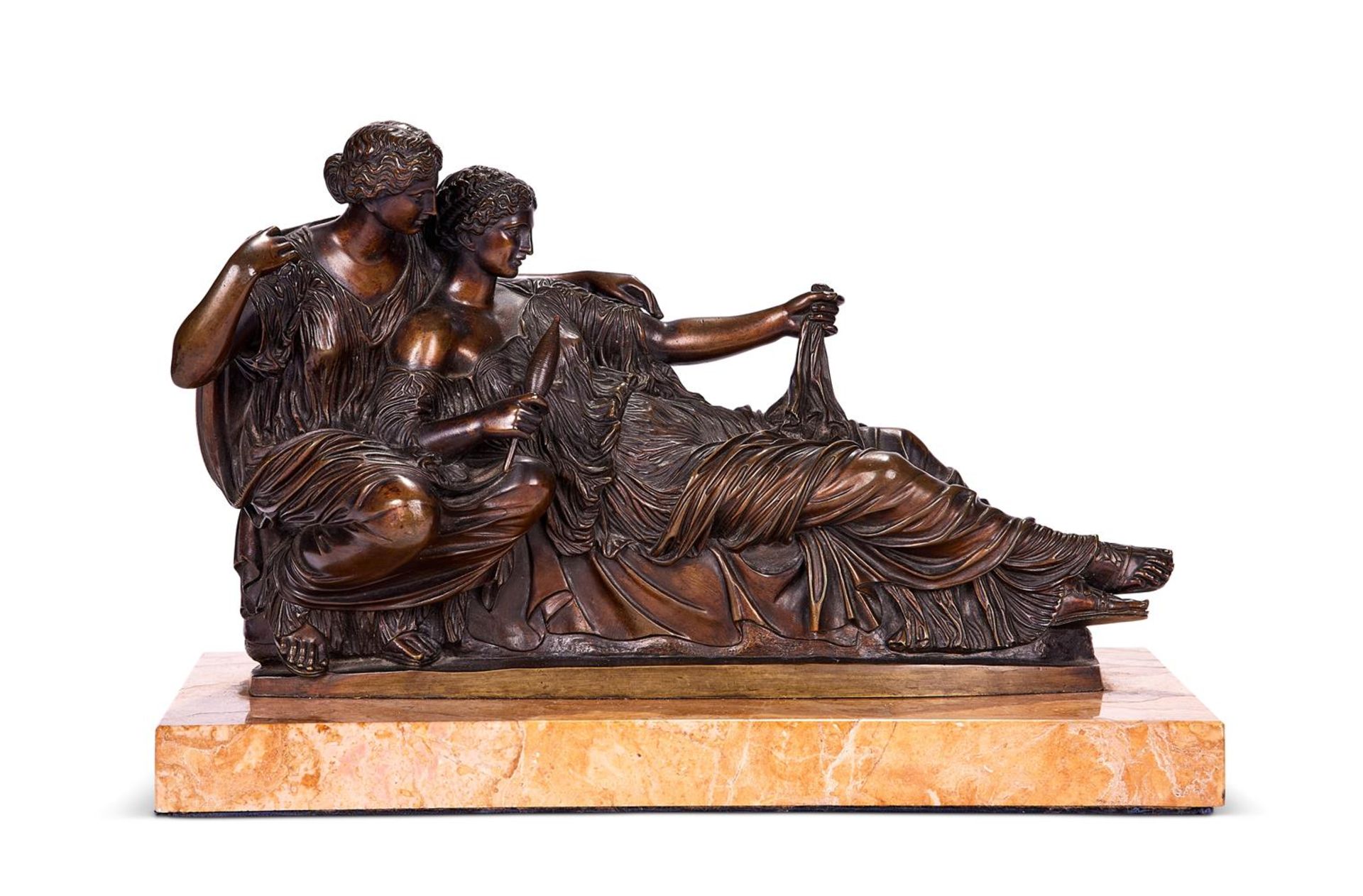 AFTER THE ANTIQUE, A BRONZE FIGURAL GROUP OF CLOTHO AND ATROPOS, MID 19TH CENTURY