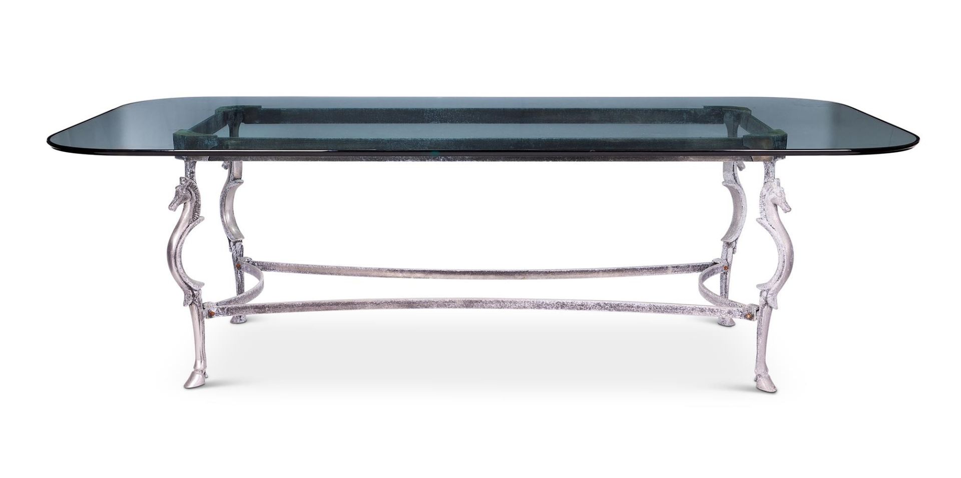 A GLASS AND PATINATED STEEL DINING TABLE AFTER MAISON JANSEN, 1970s