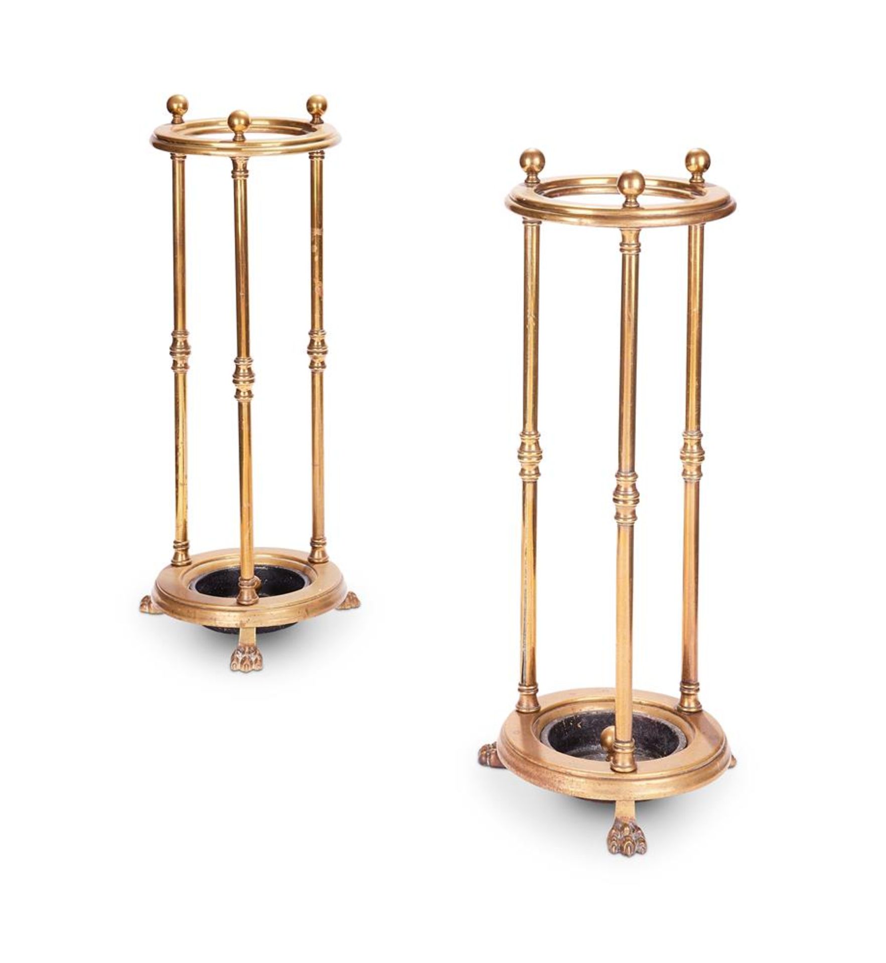 A PAIR OF VICTORIAN CIRCULAR BRASS STICK STANDS, LATE 19TH CENTURY