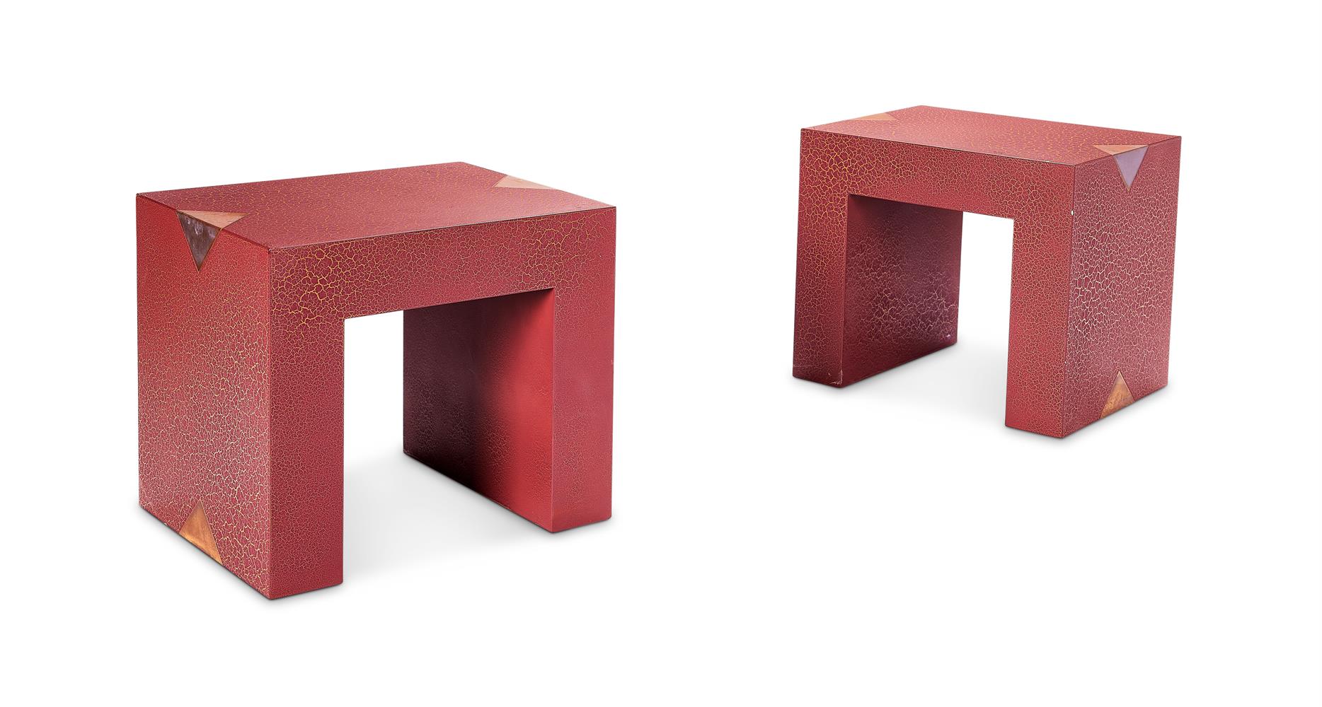 A PAIR OF CRIMSON 'CRACKLE' LACQUERED AND BRASS SIDE OR OCCASIONAL TABLES, BY KEN BOLAN