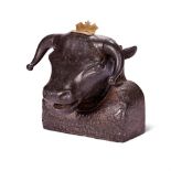 A RARE CAST IRON BULL HEAD PERFUME COUNTERTOP DISPENSER, LATE 19TH CENTURY